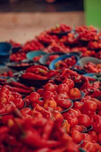 Colorful display of fresh red peppers and tomatoes at an outdoor market in Ife, Nigeria.