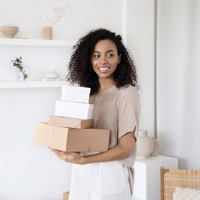 Home Young African American woman smiling while holding cardboard boxes indoors.